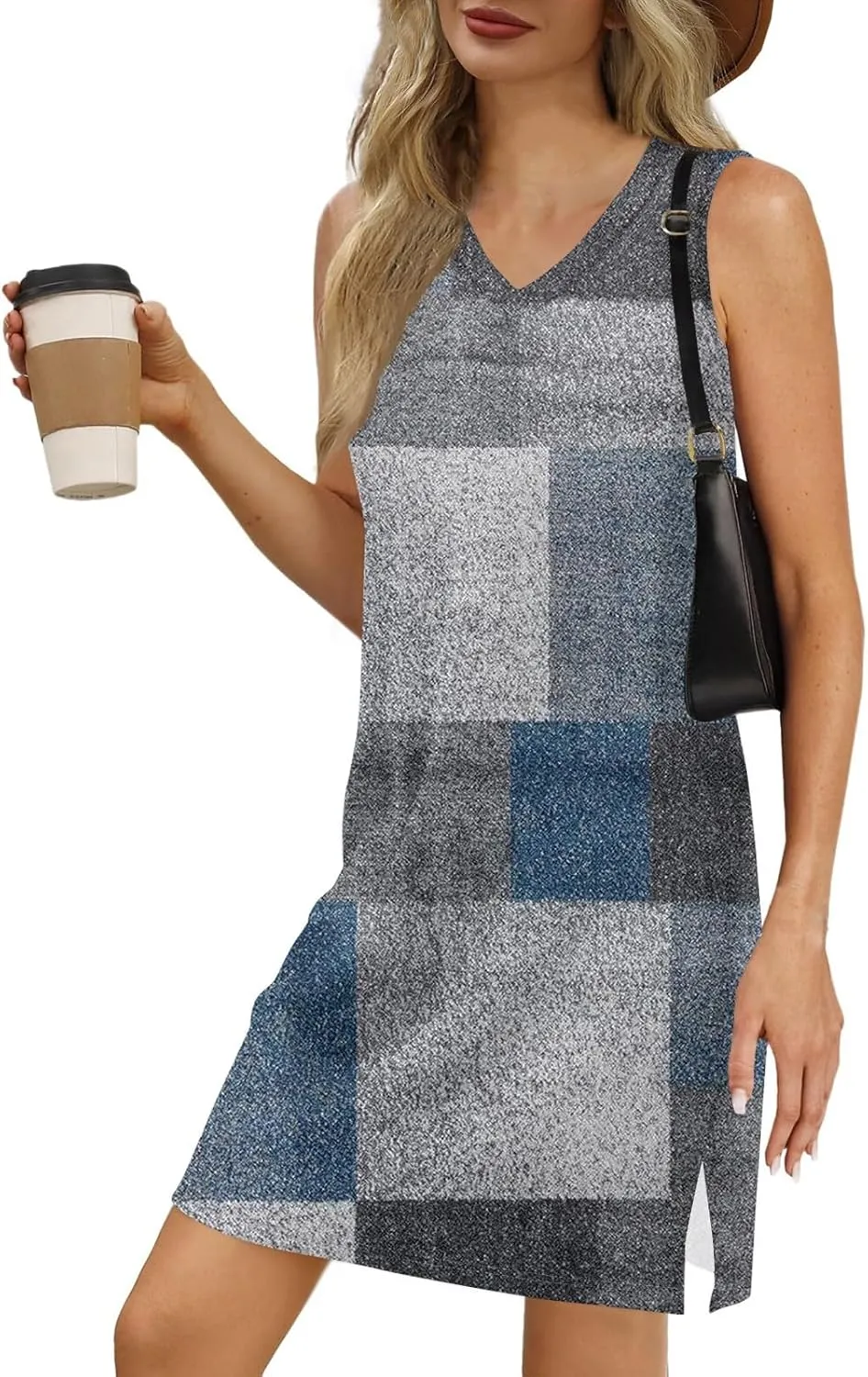 Summer Dresses for Women 2025 Casual V Neck Sleeveless Sundresses Color Block Printed Tank Beach Dresses with Split