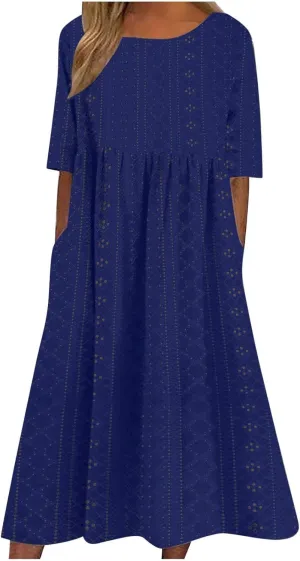 Summer Dresses for Women 2025 Loose Beach Vacation Flowy Dress Casual Crew Neck Short Sleeve Sundress with Pocket