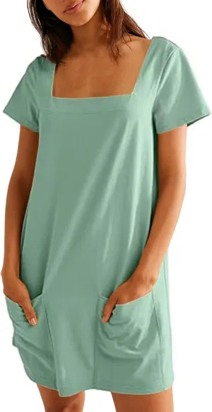 Summer Dresses for Women 2025 Short Sleeve Square Neck Mini T Shirt Dress Cute Beach Vacation Dress with Pockets
