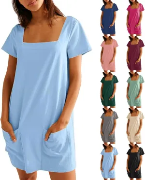Summer Dresses for Women 2025 Short Sleeve Square Neck Mini T Shirt Dress Cute Beach Vacation Dress with Pockets