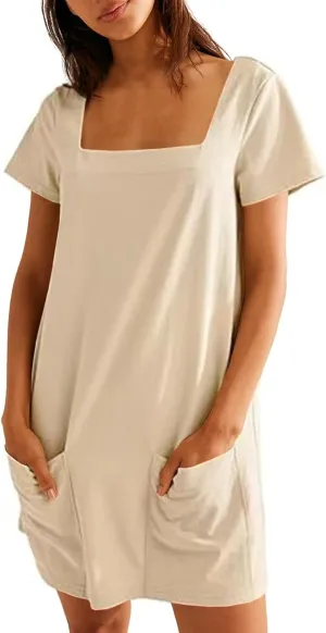 Summer Dresses for Women 2025 Short Sleeve Square Neck Mini T Shirt Dress Cute Beach Vacation Dress with Pockets