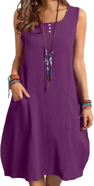 Summer Dresses for Women Casual Loose Sleeveless Round Neck A Line Midi Sundress Beach Solid Cover Up Dress Pockets