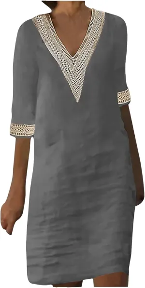 Summer Dresses for Women Cotton Linen V Neck Short Sleeve Casual Embroidered Dress Beach Vacation T Shirt Shift Dress