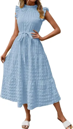 Summer Dresses for Women Ruffle Sleeve Neck Sundress High Waist Strappy Midi Dress Fashion Trendy Dressy Dresses