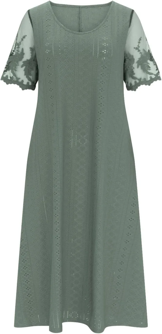 Summer Fashion Eyelets Midi Dress Women Lace Raglan Sleeve Pleated Flared Dresses Loose Casual Lounge Outfits