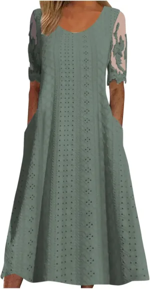 Summer Fashion Eyelets Midi Dress Women Lace Raglan Sleeve Pleated Flared Dresses Loose Casual Lounge Outfits