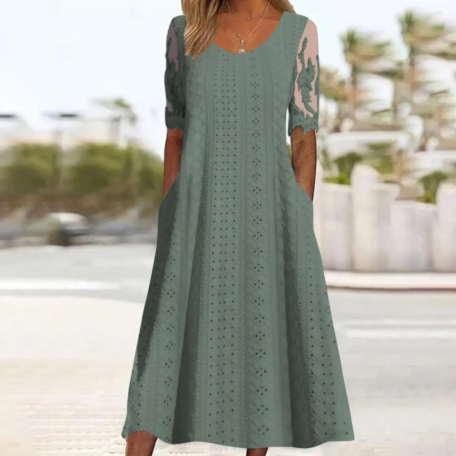 Summer Fashion Eyelets Midi Dress Women Lace Raglan Sleeve Pleated Flared Dresses Loose Casual Lounge Outfits