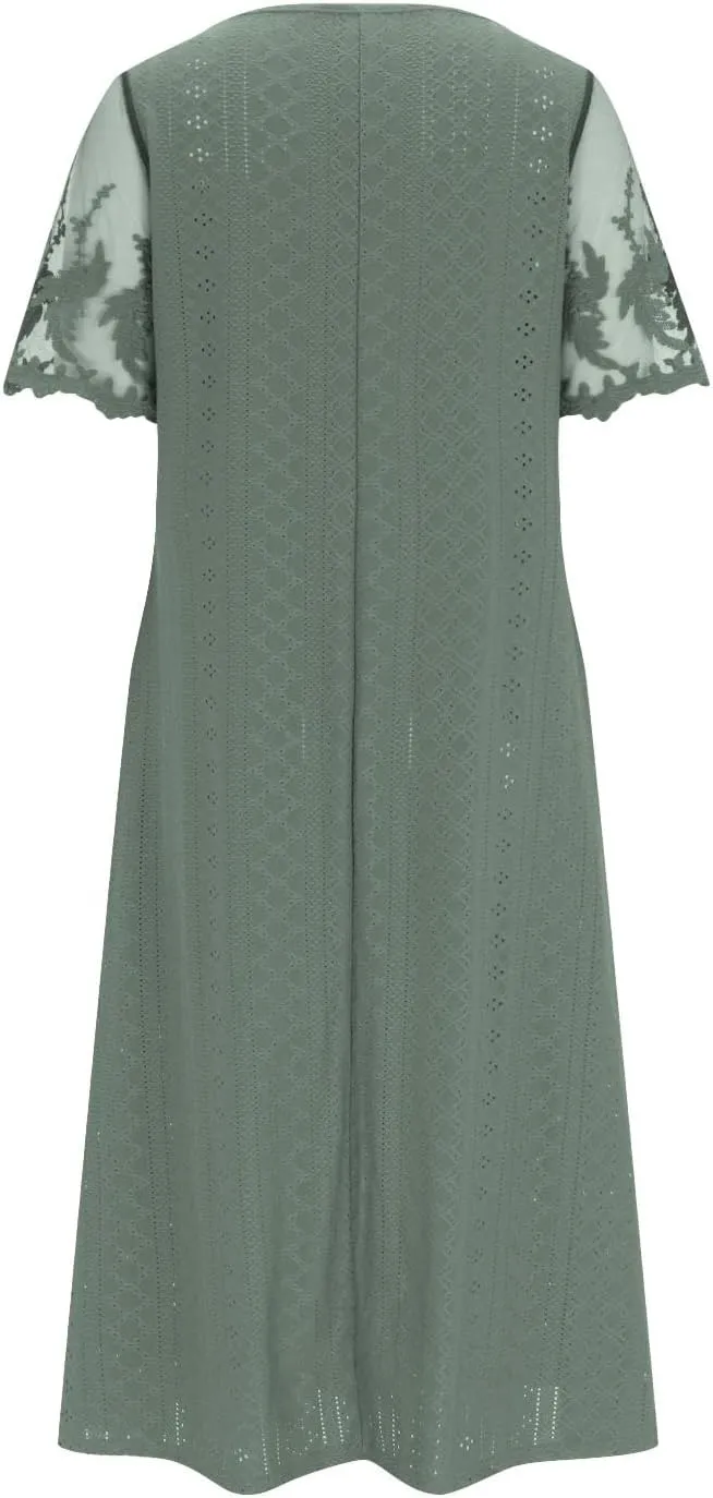 Summer Fashion Eyelets Midi Dress Women Lace Raglan Sleeve Pleated Flared Dresses Loose Casual Lounge Outfits