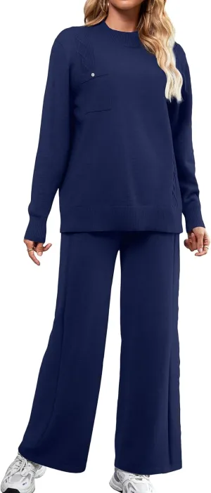 SuperPrity Lounge Sets for Women Two Piece Outfits Knit Sweater Top Wide Leg Pants Matching Sets Sweatsuits 2024 Fall Fashion