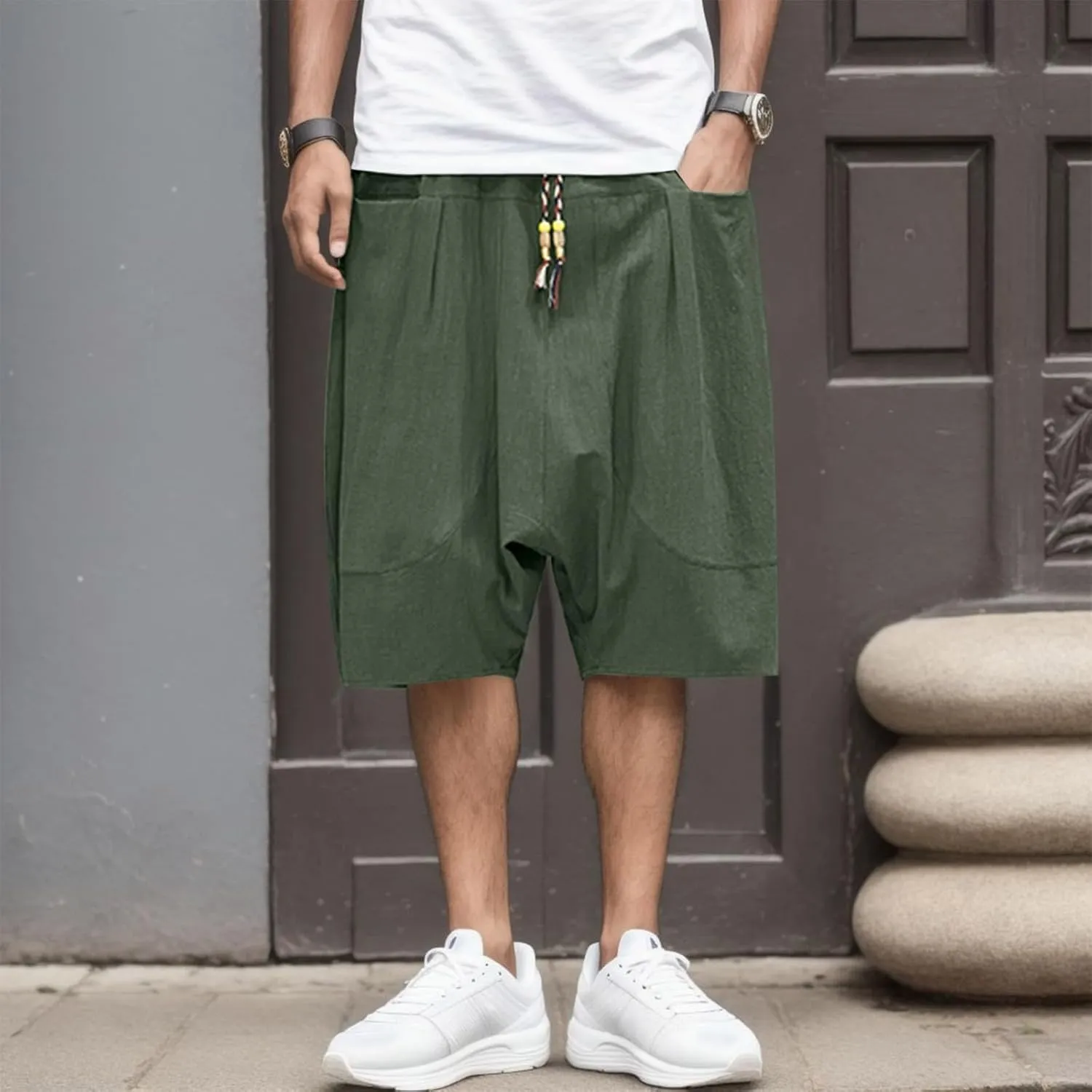 SUWBMHWE Biking Shorts for Men, Mens Summer Fashion Casual Cotton Cropped Pants Loose Low Crotch Harem Pants