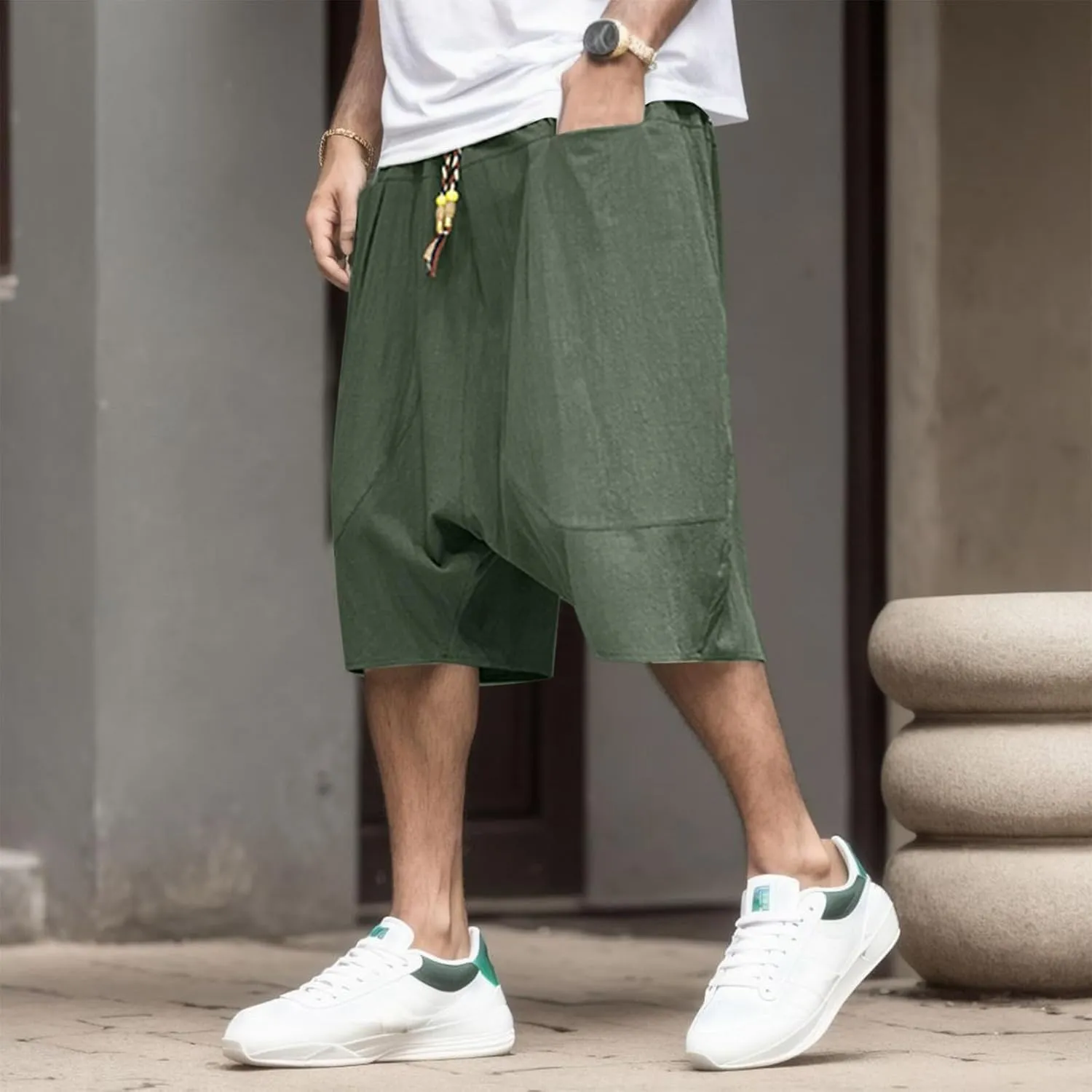 SUWBMHWE Biking Shorts for Men, Mens Summer Fashion Casual Cotton Cropped Pants Loose Low Crotch Harem Pants