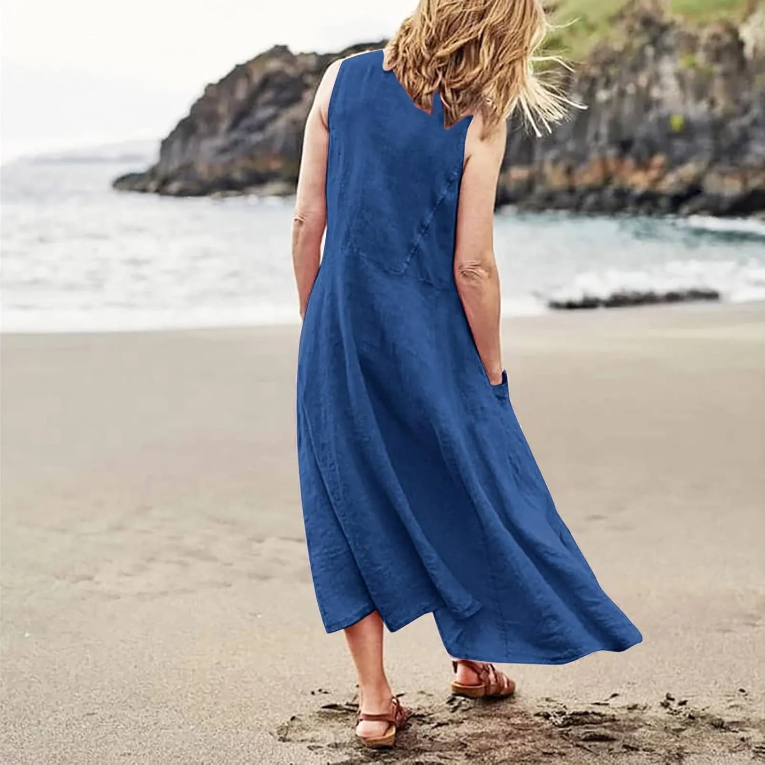 T Shirt Dresses for Women 2025 Summer Bohemian Linen Dress Sleeveless Flowy A-line Dress Solid Cotton Sundresses