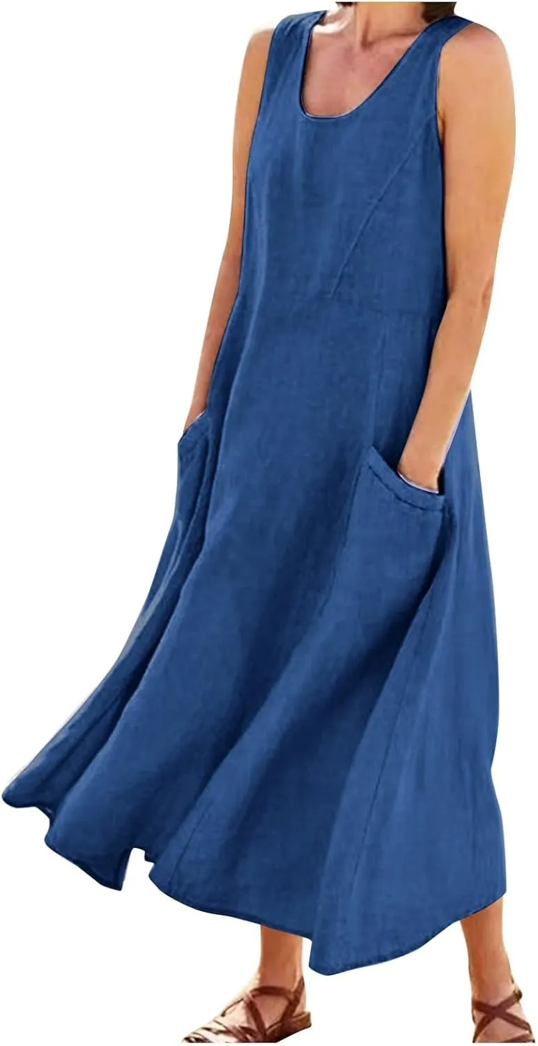 T Shirt Dresses for Women 2025 Summer Bohemian Linen Dress Sleeveless Flowy A-line Dress Solid Cotton Sundresses