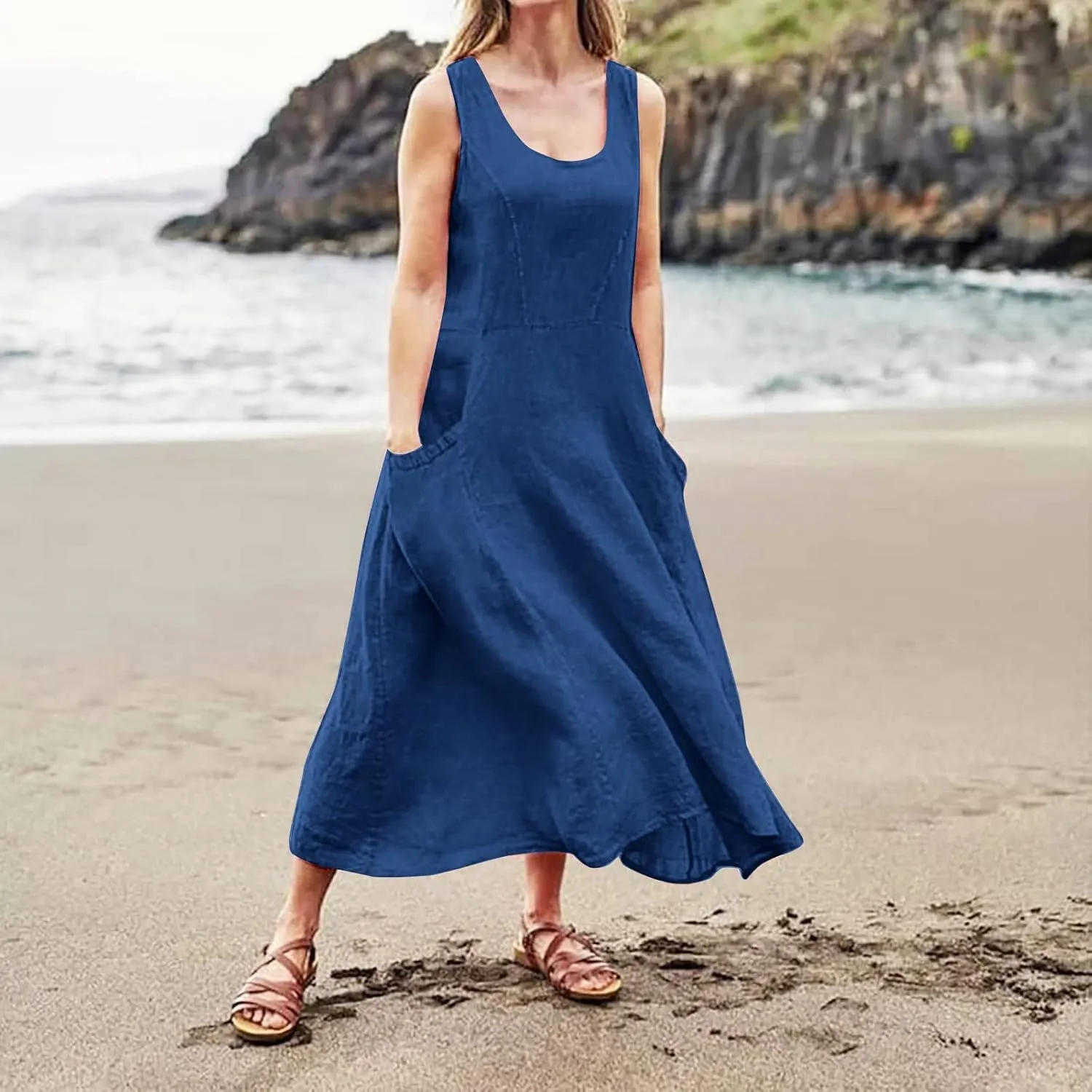 T Shirt Dresses for Women 2025 Summer Bohemian Linen Dress Sleeveless Flowy A-line Dress Solid Cotton Sundresses