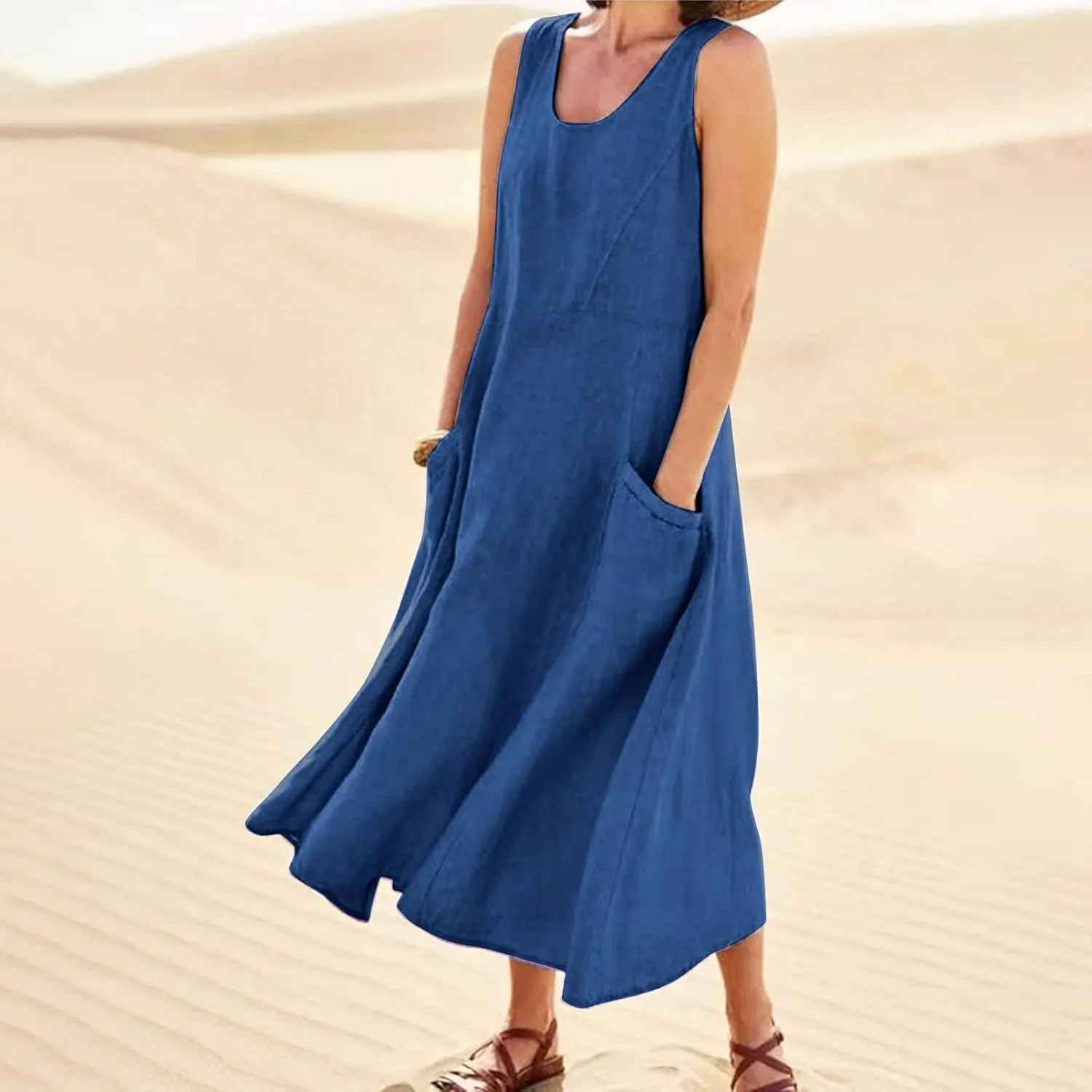T Shirt Dresses for Women 2025 Summer Bohemian Linen Dress Sleeveless Flowy A-line Dress Solid Cotton Sundresses