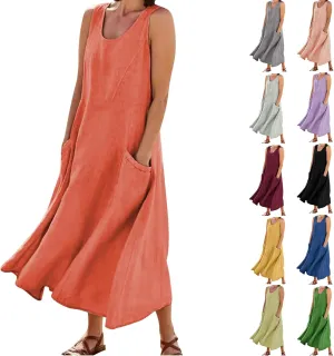T Shirt Dresses for Women 2025 Summer Bohemian Linen Dress Sleeveless Flowy A-line Dress Solid Cotton Sundresses