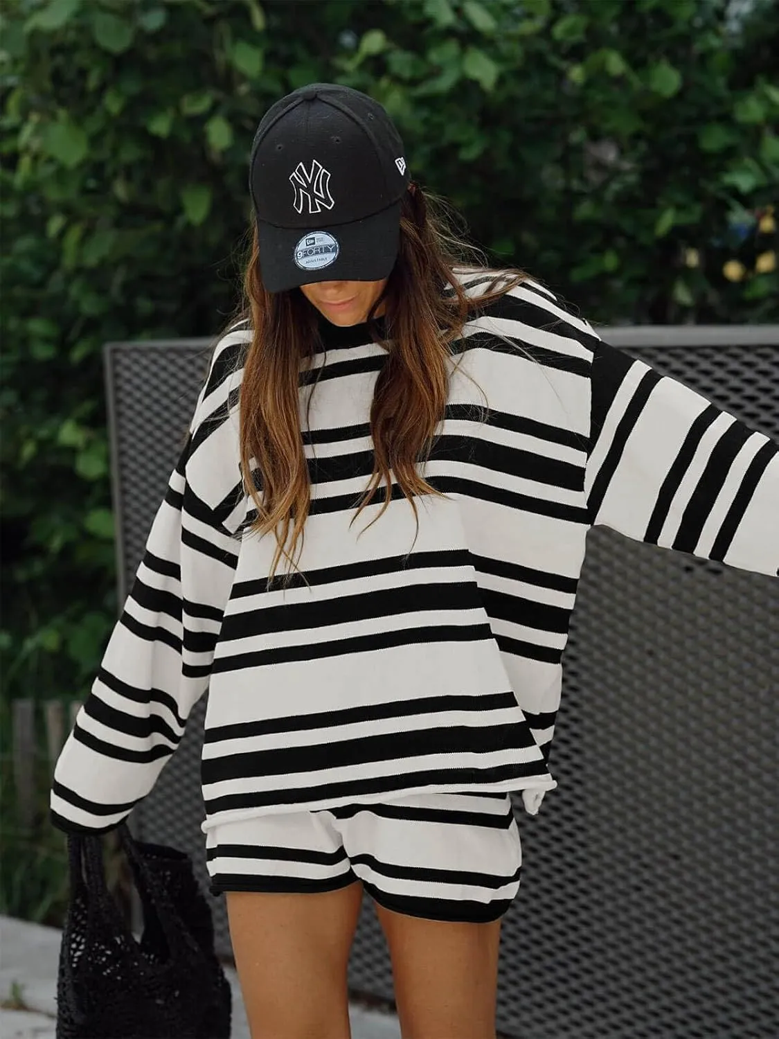 Tankaneo Womens Striped Short Set 2 Piece Oversized Outfits Long Sleeve Sweater Top and Shorts Matching Sets