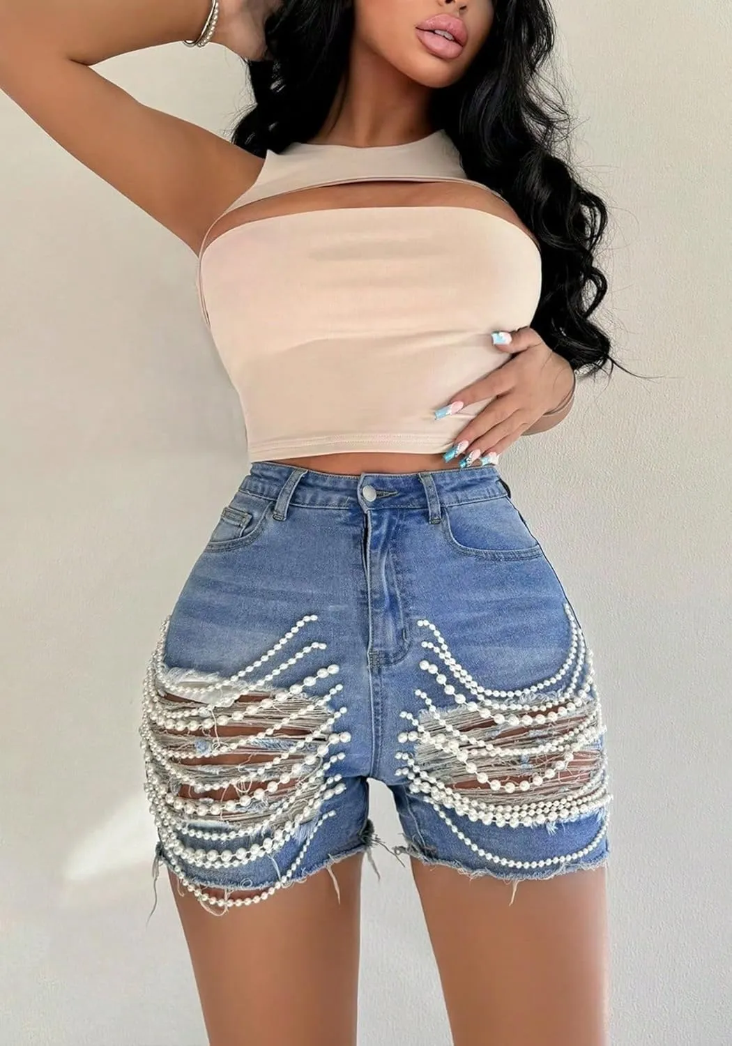 Tcremisa Women's Ripped Denim Shorts Stretch High Waist Pearl Chains Rhinestone Frayed Raw Hem Distressed Short Jeans