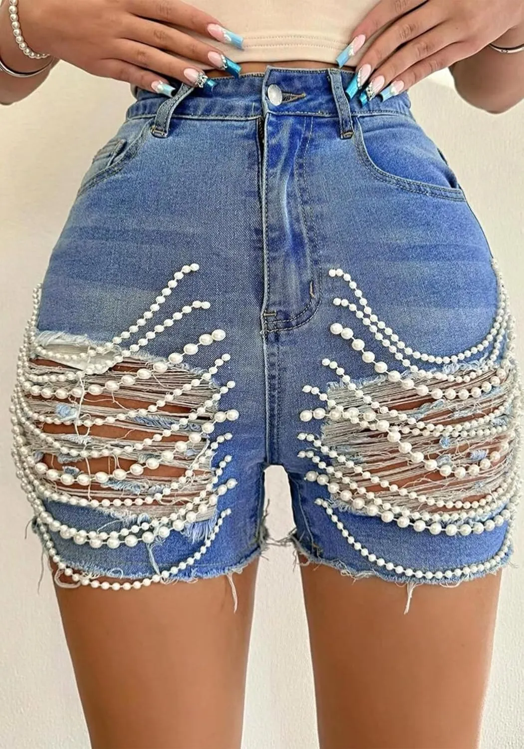 Tcremisa Women's Ripped Denim Shorts Stretch High Waist Pearl Chains Rhinestone Frayed Raw Hem Distressed Short Jeans