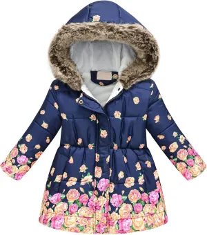 ToddlBy Kids Toddler Girls Long Snowsuit Thick Warm Winter Coat Furry Collar Hooded Puffer Down (Navy, 5-6 Years) k386