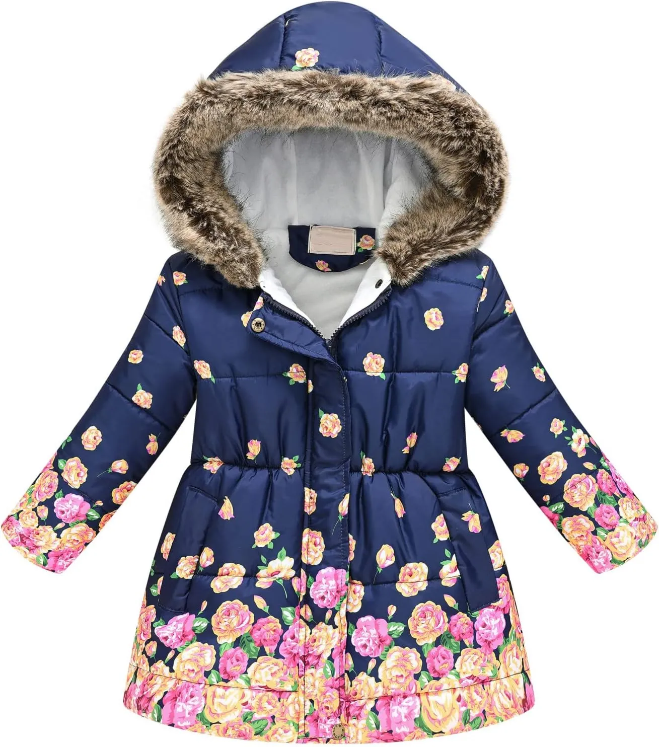 ToddlBy Kids Toddler Girls Long Snowsuit Thick Warm Winter Coat Furry Collar Hooded Puffer Down (Navy, 5-6 Years) k386