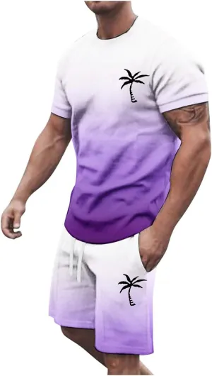 Track Suits for Men Set Short Sleeve Coconut Tree Print Gradient Shirt and Shorts 2 Piece Outfits Summer Casual Workout Sets