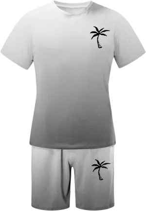 Track Suits for Men Set Short Sleeve Coconut Tree Print Gradient Shirt and Shorts 2 Piece Outfits Summer Casual Workout Sets