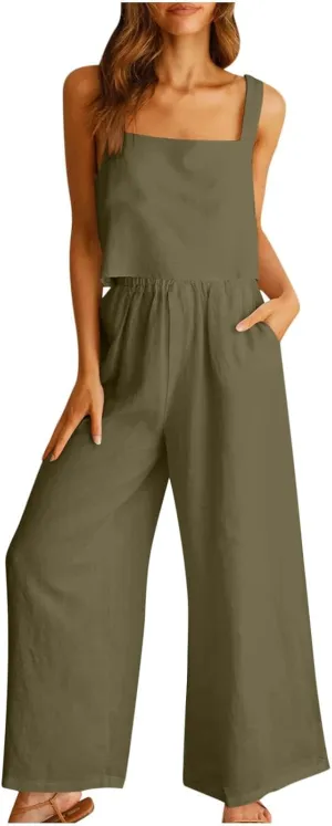 Travel Outfits for Women 2 Piece Sets Linen Sleeveless Tank Tops Matching Wide Leg Lounge Set Beach Vacation Sets