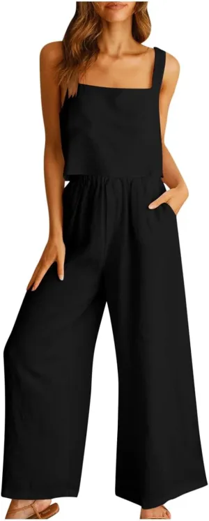 Travel Outfits for Women 2 Piece Sets Linen Sleeveless Tank Tops Matching Wide Leg Lounge Set Beach Vacation Sets