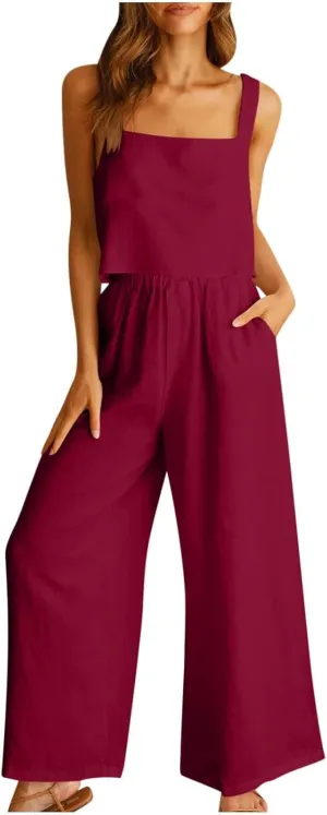 Travel Outfits for Women 2 Piece Sets Linen Sleeveless Tank Tops Matching Wide Leg Lounge Set Beach Vacation Sets