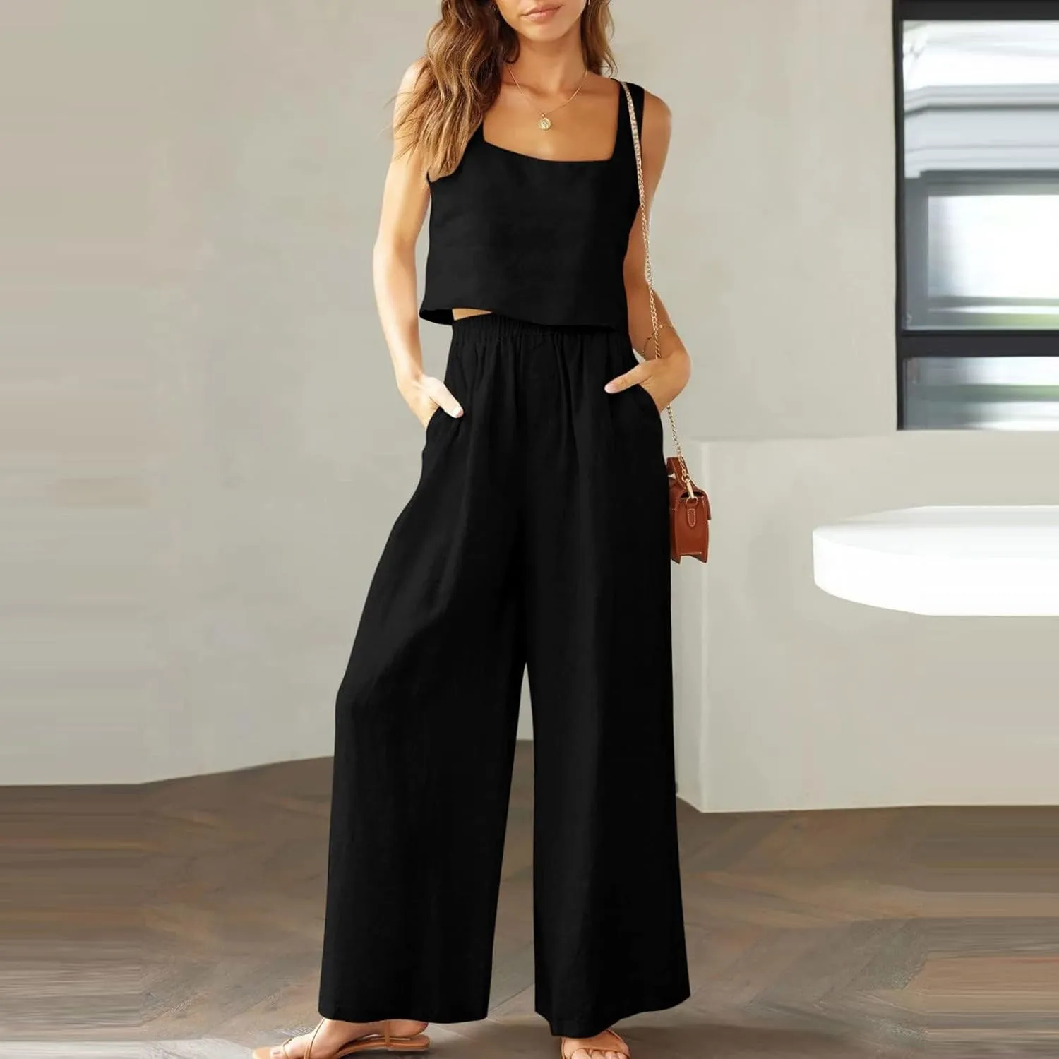 Travel Outfits for Women 2 Piece Sets Linen Sleeveless Tank Tops Matching Wide Leg Lounge Set Beach Vacation Sets