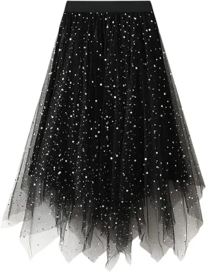 Tulle Sequin Skirt for Women Layered Ruffle Elastic Waist Tutu Midi Skirt Asymmetrical Mesh A-Line Skirt Wedding Party Skirt