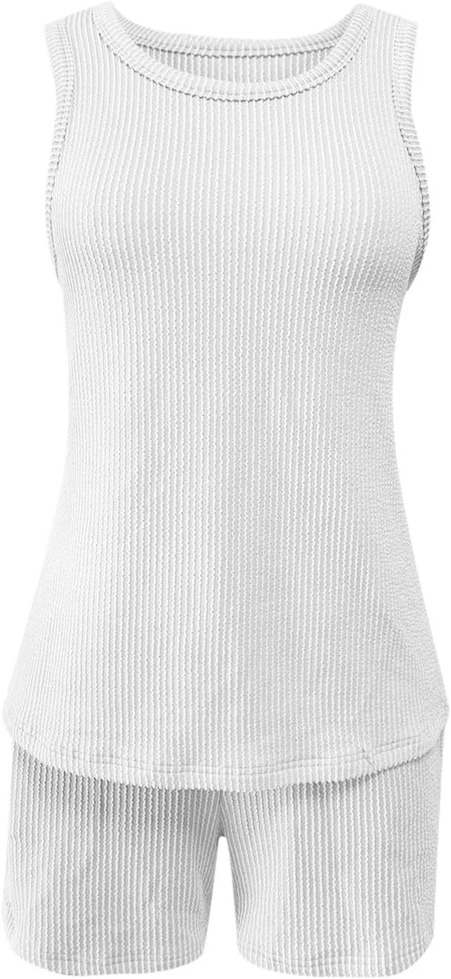 Two Piece Lounge Set for Women Sleeveless Pajamas Set Tank Top and Shorts Set Ribbed Knit Pjs Set Summer Sleepwear