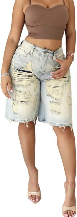 Unybwonn Women Ripped Denim Shorts Wide Leg Distressed Bermuda Cargo Jean Shorts Knee Length Destroyed Cut Off Long Jorts