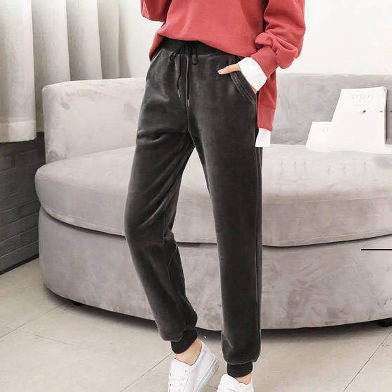 Velvet Velour Pants for Women Fall Winter Warm Elastic Drawstring Wide Straight Leg Trousers Soft Thermal Baggy Pant