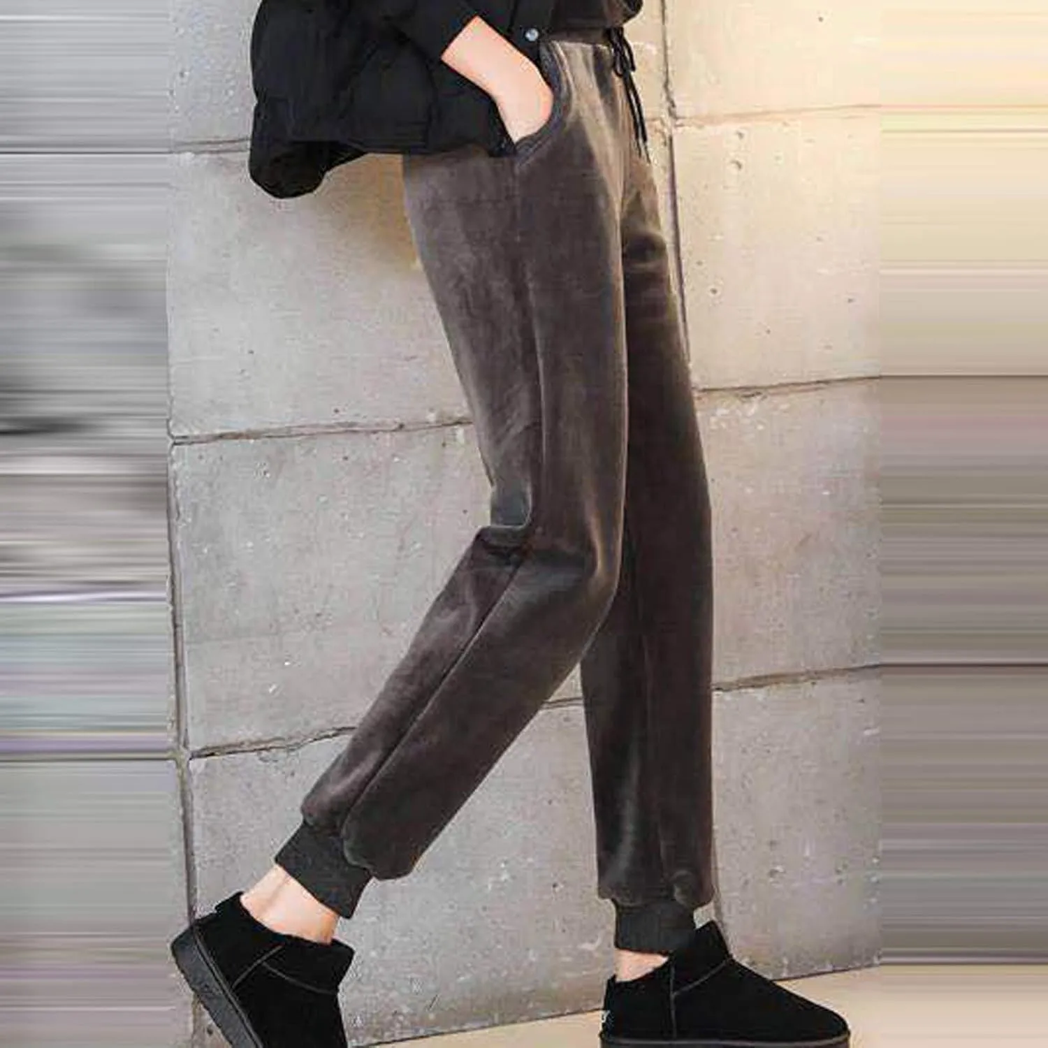 Velvet Velour Pants for Women Fall Winter Warm Elastic Drawstring Wide Straight Leg Trousers Soft Thermal Baggy Pant