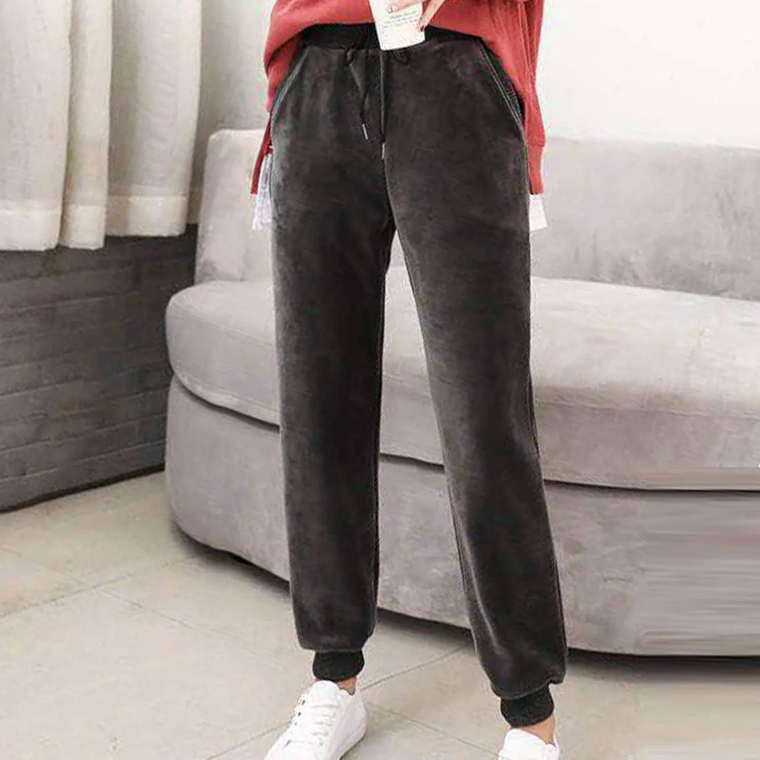 Velvet Velour Pants for Women Fall Winter Warm Elastic Drawstring Wide Straight Leg Trousers Soft Thermal Baggy Pant