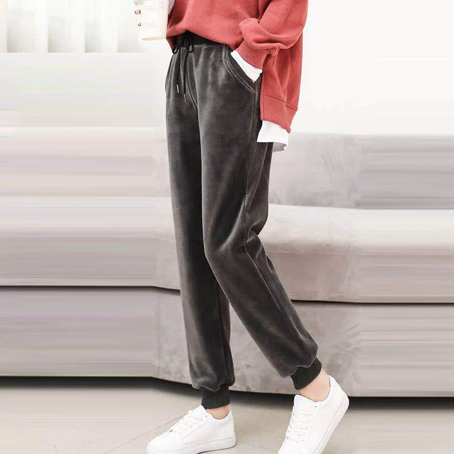 Velvet Velour Pants for Women Fall Winter Warm Elastic Drawstring Wide Straight Leg Trousers Soft Thermal Baggy Pant