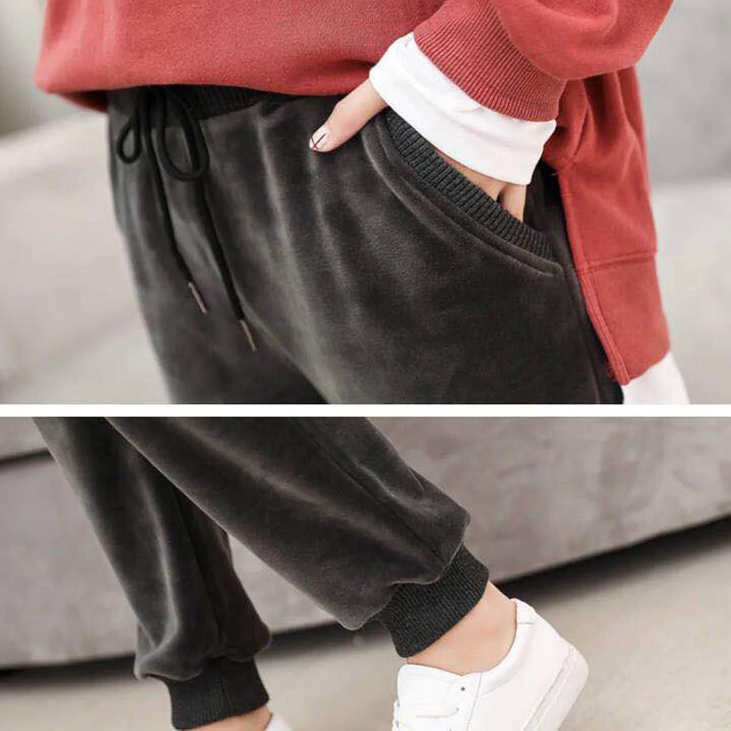 Velvet Velour Pants for Women Fall Winter Warm Elastic Drawstring Wide Straight Leg Trousers Soft Thermal Baggy Pant
