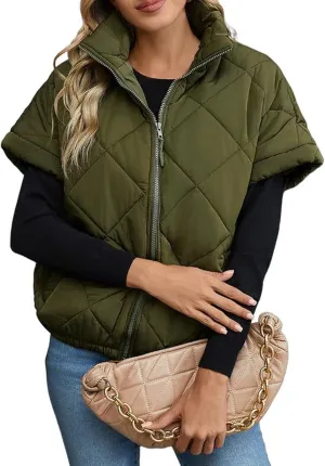 Vest for Women Sleeveless Puffer Jacket Plus Size Winter Oversized Stand Collar Full Zip Bubble Quilted Coat Outwear