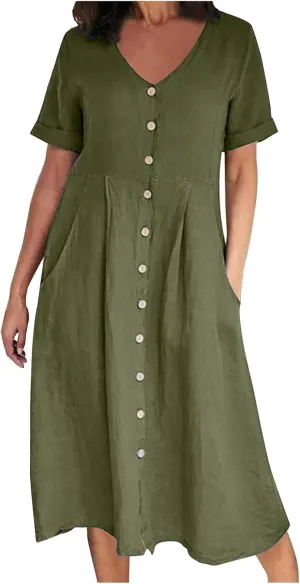 Vintage Cotton Linen Midi Dress for Women V Neck Short Sleeve Button Down Dresses Solid Color Lightweight Sundress