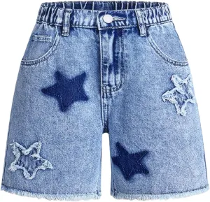 WDIRARA Girl's Star Patchwork Denim Bermuda Shorts Elastic High Waisted Raw Hem Jean Shorts