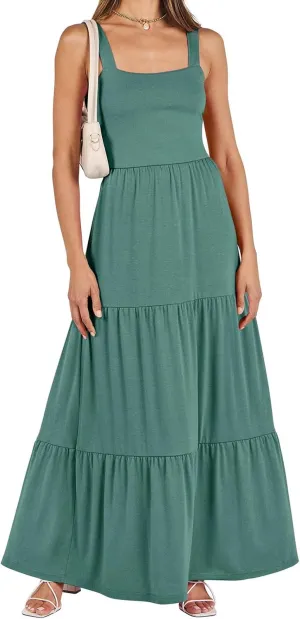 Wedding Guest Dress for Women Summer Sleeveless Tank Dress Solid Color Tiered Sundress Waist Wrop Formal Dresses