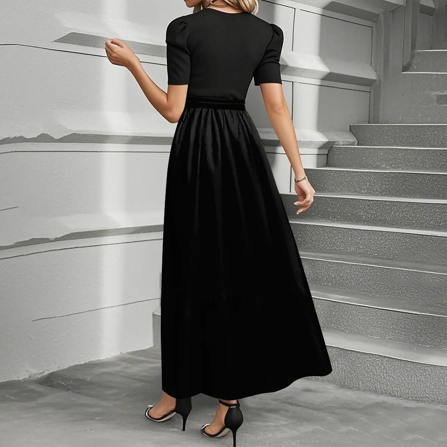 Wedding Guest Dresses for Women Summer Short Sleeve Floral Long Dress Elegant Party Cocktail A Line Flowy Maxi Dress