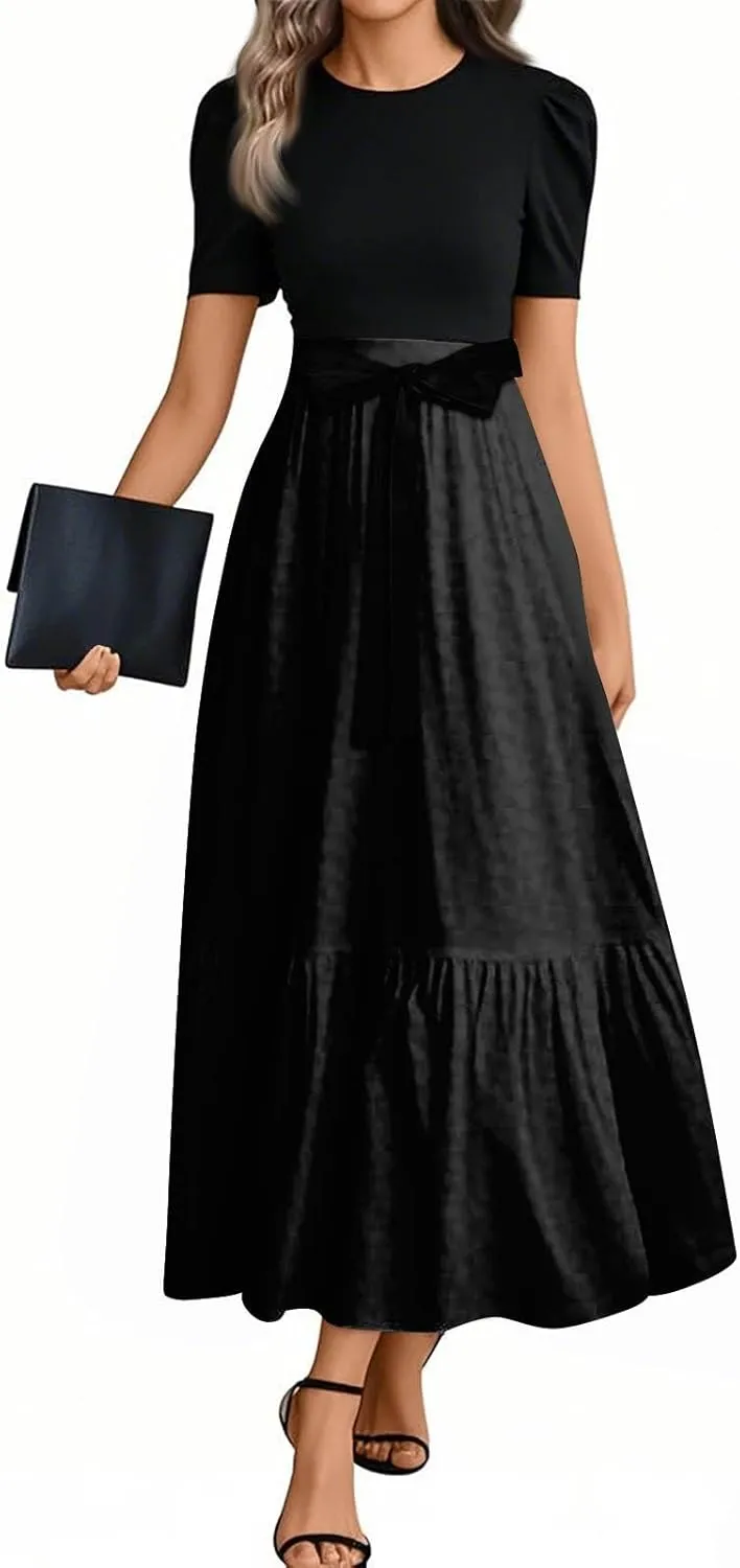 Wedding Guest Dresses for Women Summer Short Sleeve Floral Long Dress Elegant Party Cocktail A Line Flowy Maxi Dress