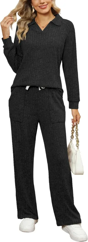 WIHOLL 2 Piece Sets for Women Loungewear Wide Leg Pants Sweatsuits Collar V Neck Pajama Matching Sets