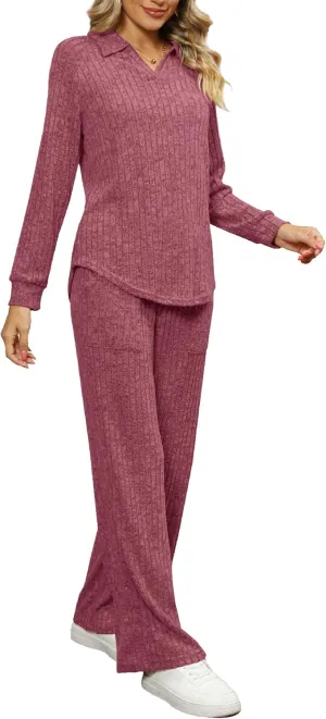 WIHOLL 2 Piece Sets for Women Loungewear Wide Leg Pants Sweatsuits Collar V Neck Pajama Matching Sets