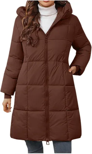 wodceeke Women's Long Hooded Down Coats Waterproof Puffer Jacket Winter Warm Cotton Padded Windbreaker Overcoat