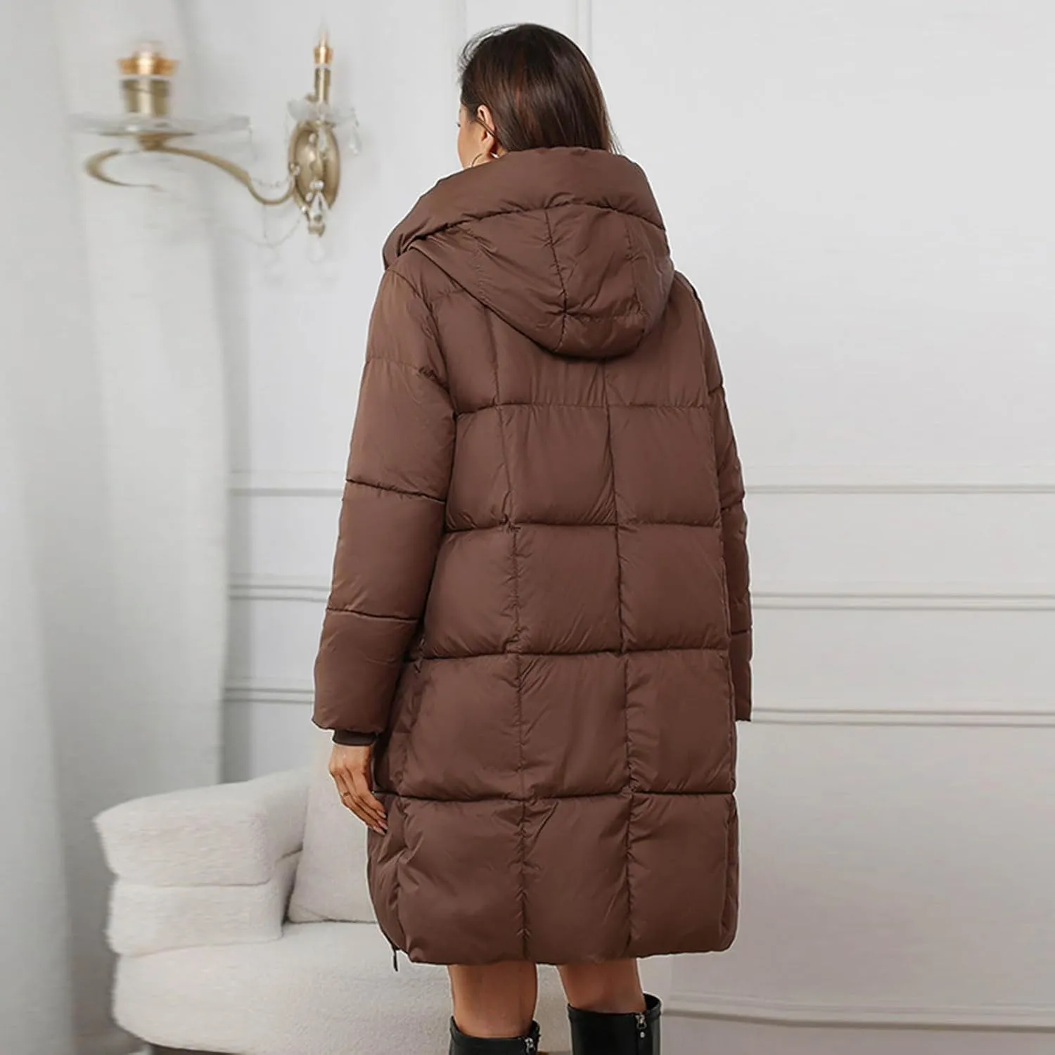 wodceeke Women's Long Hooded Down Coats Waterproof Puffer Jacket Winter Warm Cotton Padded Windbreaker Overcoat