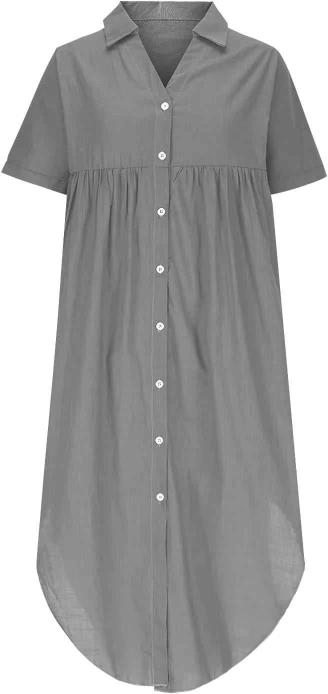 Women Button Front Maxi Shirt Dress Solid Short Sleeve V Neck Dresses Loose Fit Lightweight Sundress